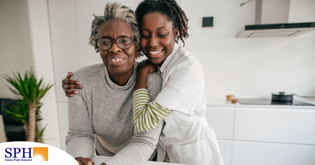 A caregiver hugs a client, representing the science of caregiving and how latest research can help provide quality care.